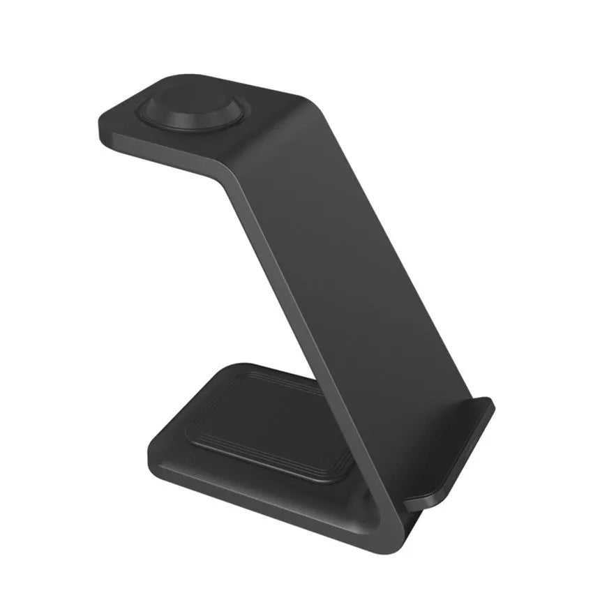 Black upright wireless phone charger with holder displaying mobile phone at angle for charging and viewing