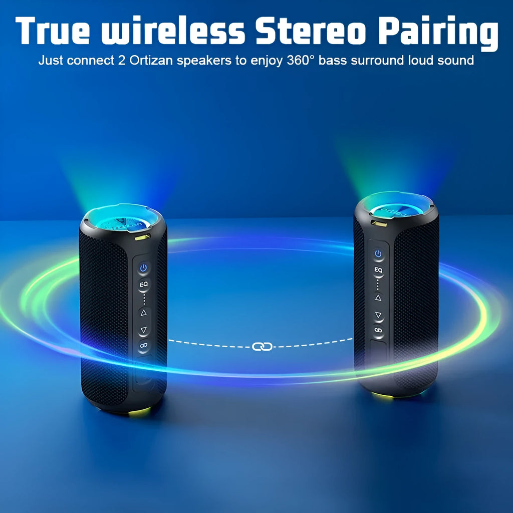 Black and blue fabric wireless Bluetooth speaker with LED lighting and control buttons