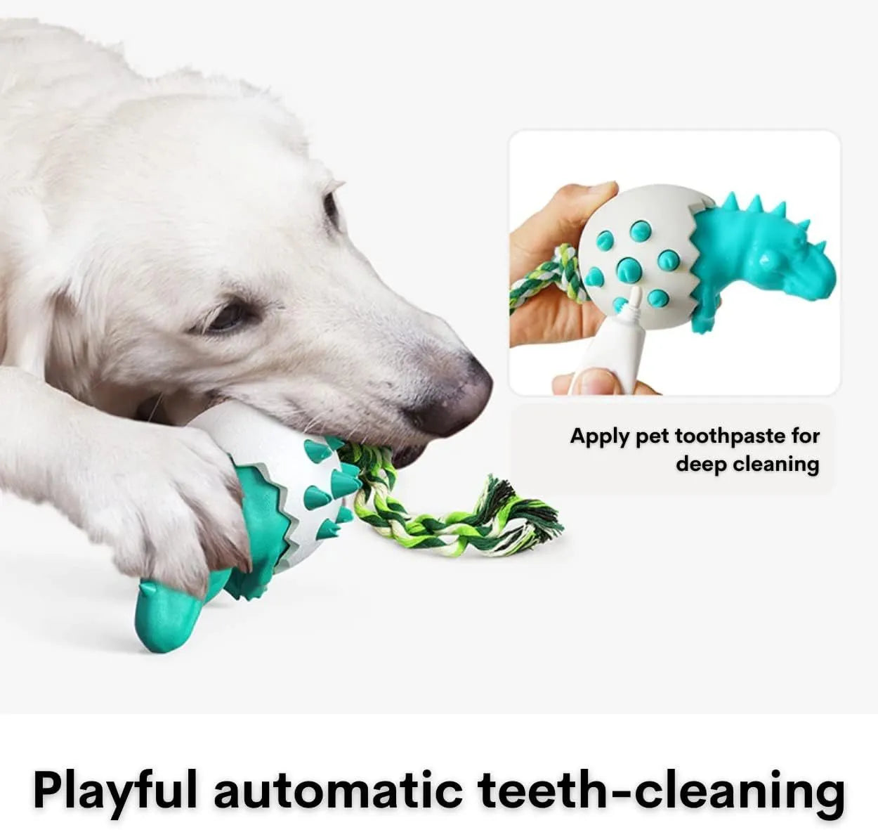 Durable dinosaur-shaped dog teething toy with rope attachment in blue, green, orange or yellow