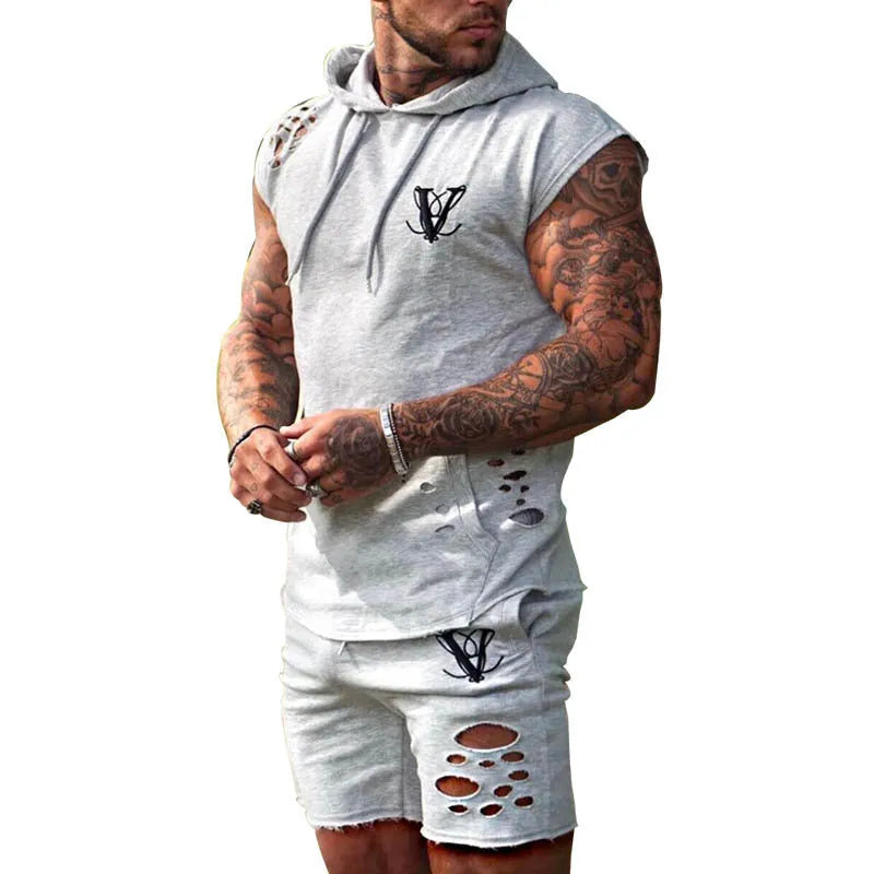 Men's cotton blend training suit set with hooded black sleeveless top and matching trousers