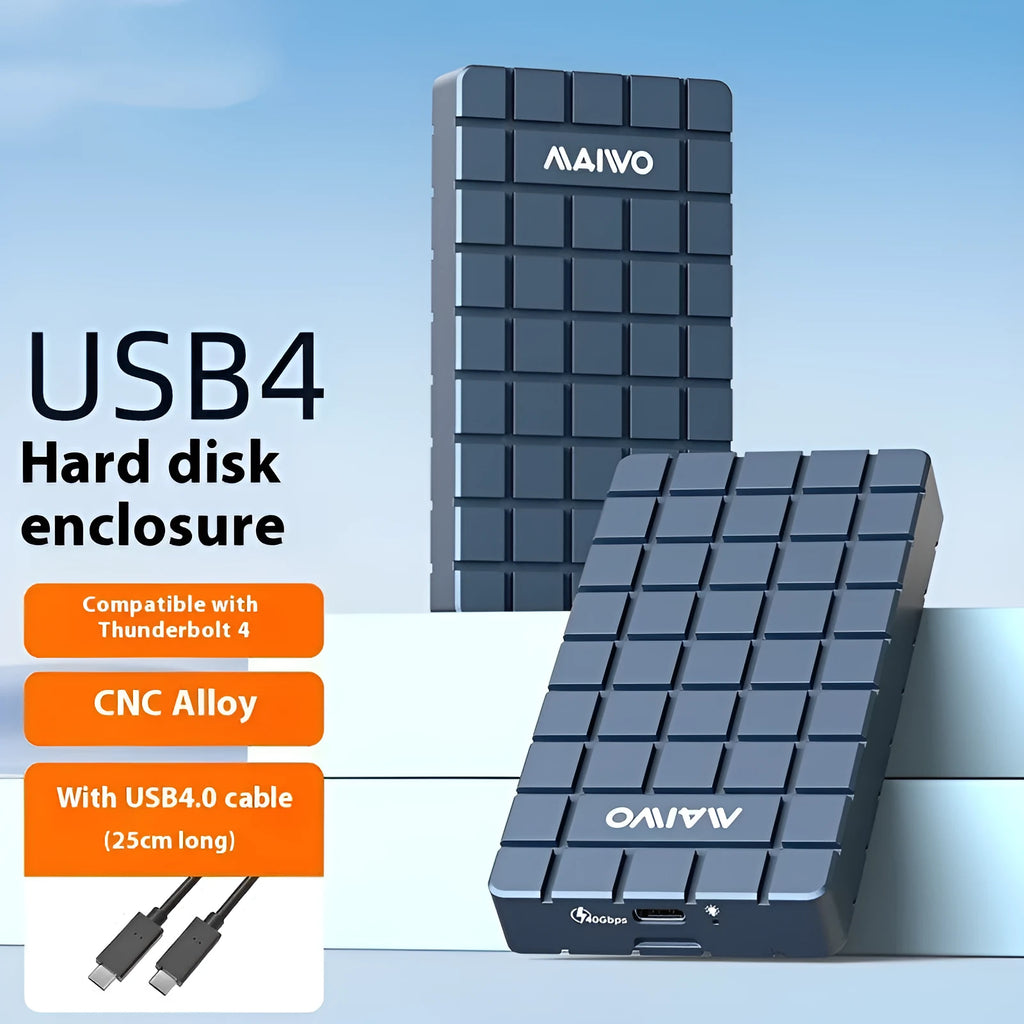USB4 aluminium hard disk enclosure with cooling fan option measuring 50x118x13mm