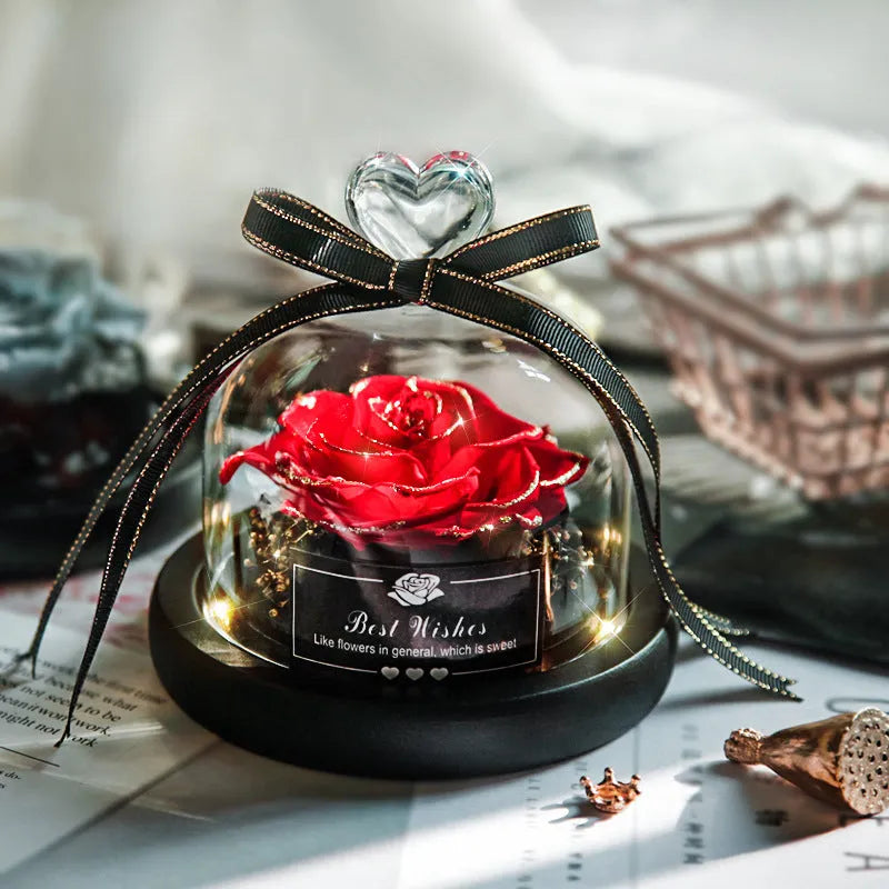 Eternal real rose in glass case with LED, 13cm, classic red colour option for home decor