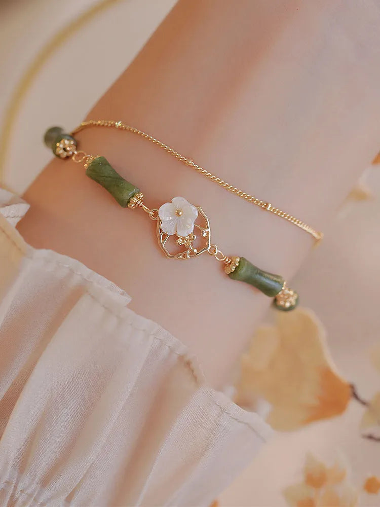 Natural olivine gemstone double layer bracelet for women with pastoral Twin Bells of Ireland design