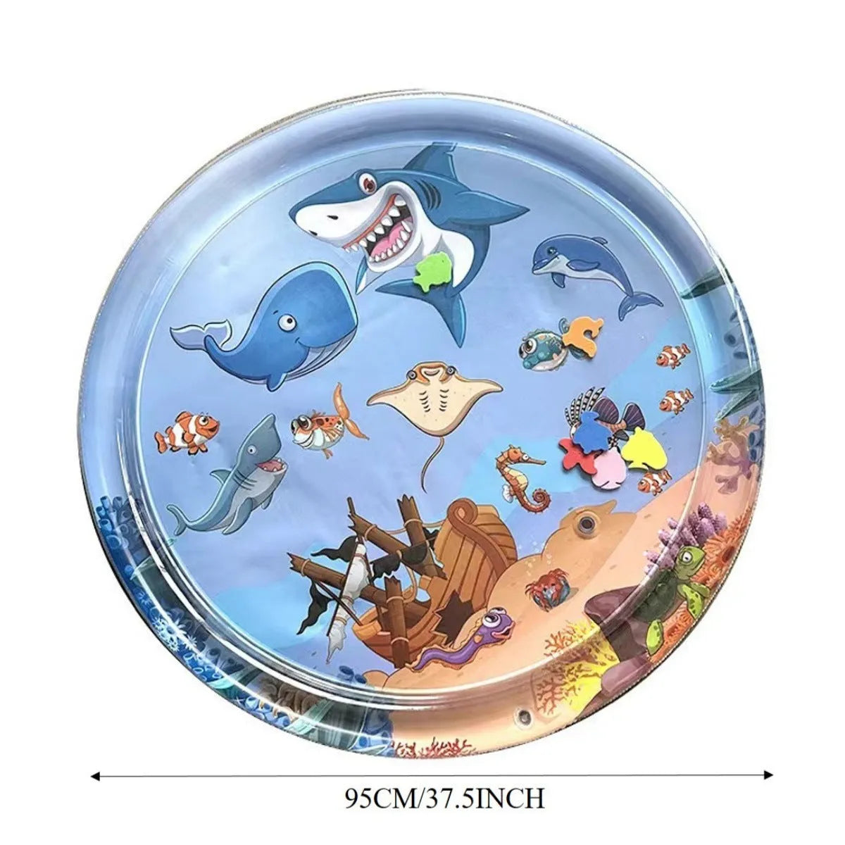 Thickened PVC water playmat for cats with ocean fish design and floating toys on a blue surface.
