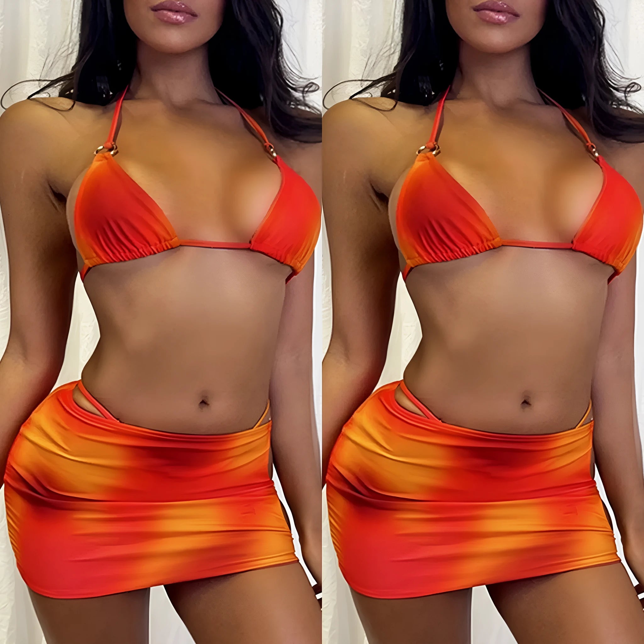 Tie-dye pattern three-piece halter bikini swimsuit set on a mannequin.