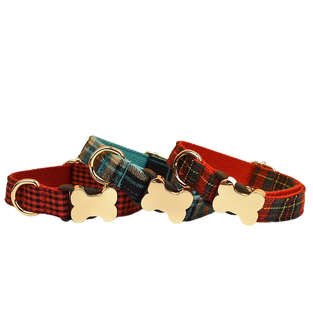 Nylon dog collar with printed grid pattern and plastic bone-shaped buckle