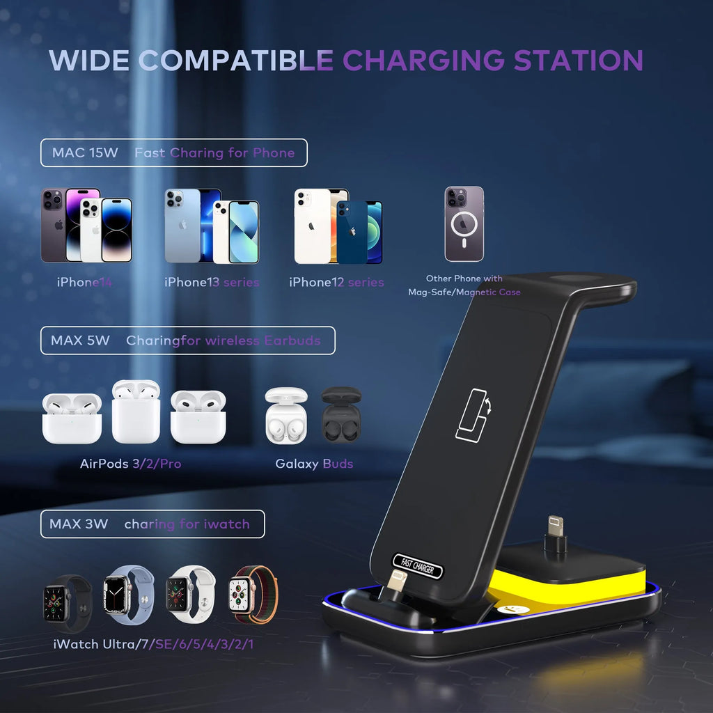 Black vertical wireless charging stand with phone, watch, and headset charging simultaneously