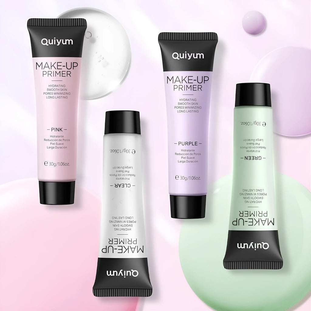 30g moisturising colour-correcting makeup primer in purple, pink, and green shades in colour box packaging