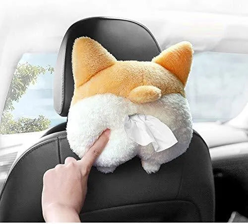 Yellow soft plush corgi butt shaped car tissue holder with elastic hanging straps.