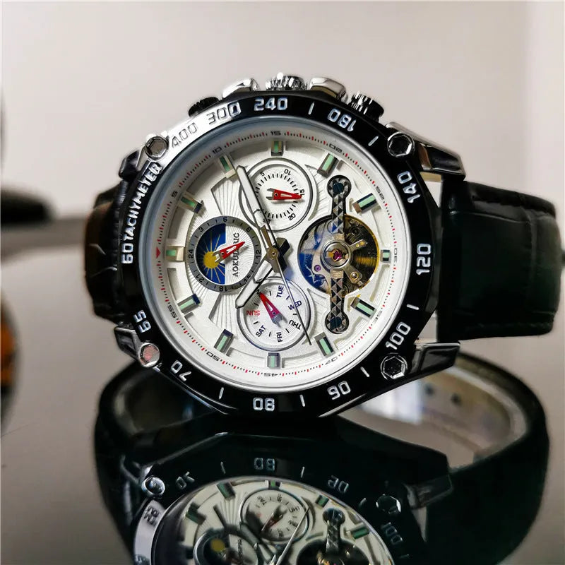Men's automatic mechanical watch with 12mm case in black steel, silver, and gold finish options.