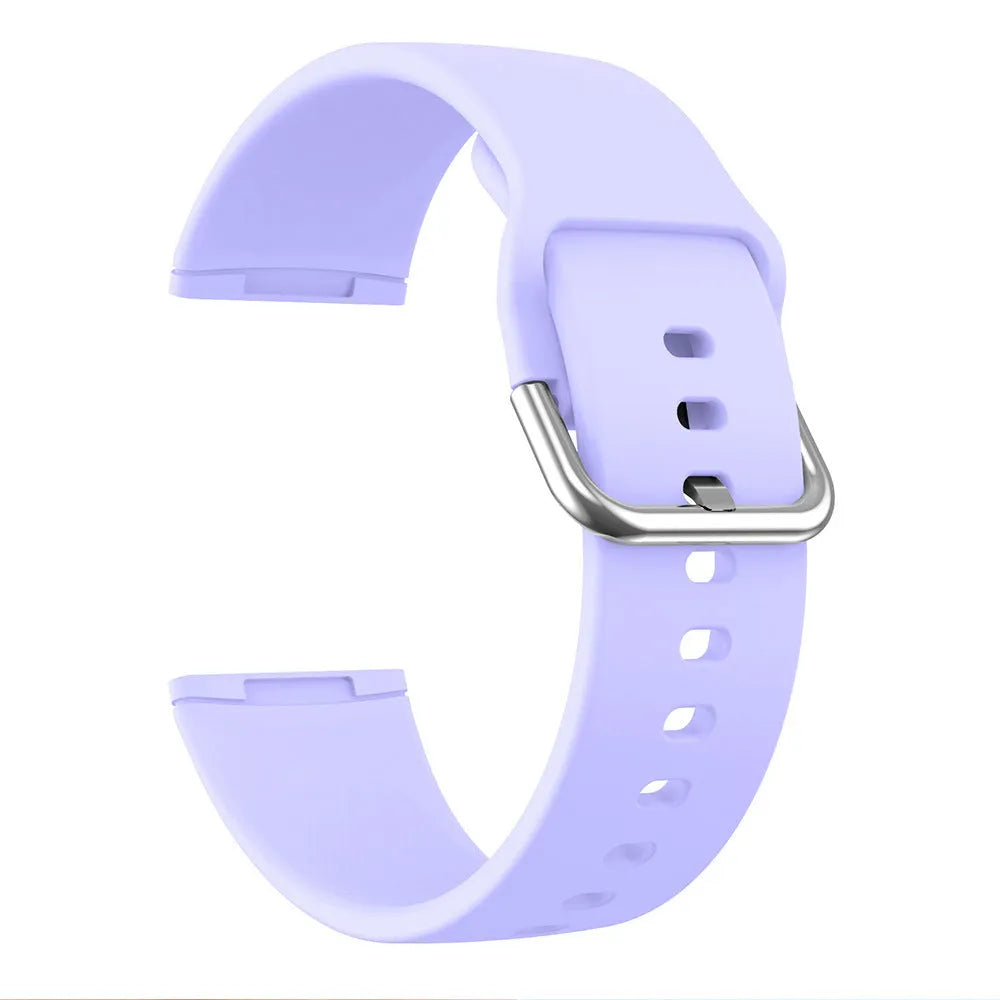 Solid colour silicone strap with silver buckle for Fitbit Versa 3 and Sense 2 watches.