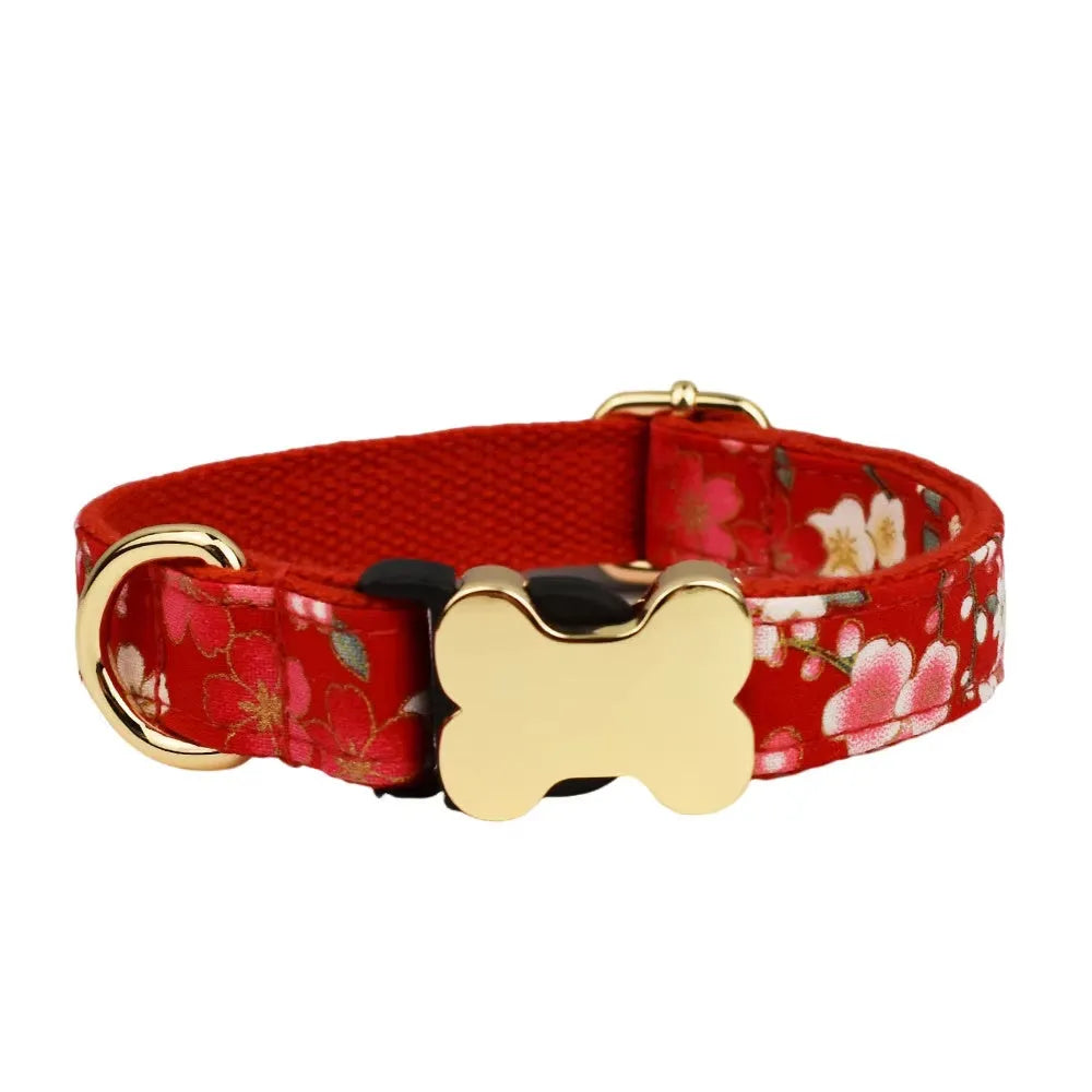 Nylon dog collar with printed grid pattern and plastic bone-shaped buckle