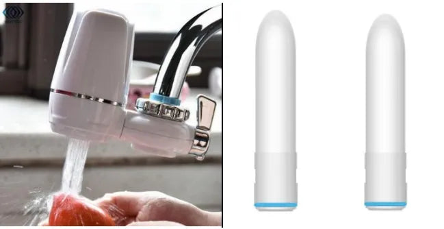 White plastic kitchen tap water filter with ceramic cartridge and installation adapters