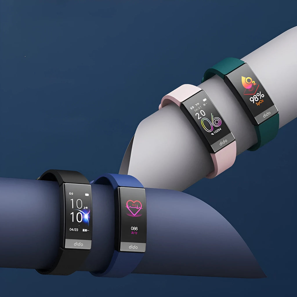 Black smart health bracelet with 1.1-inch display showing blood pressure and heart rate monitoring data