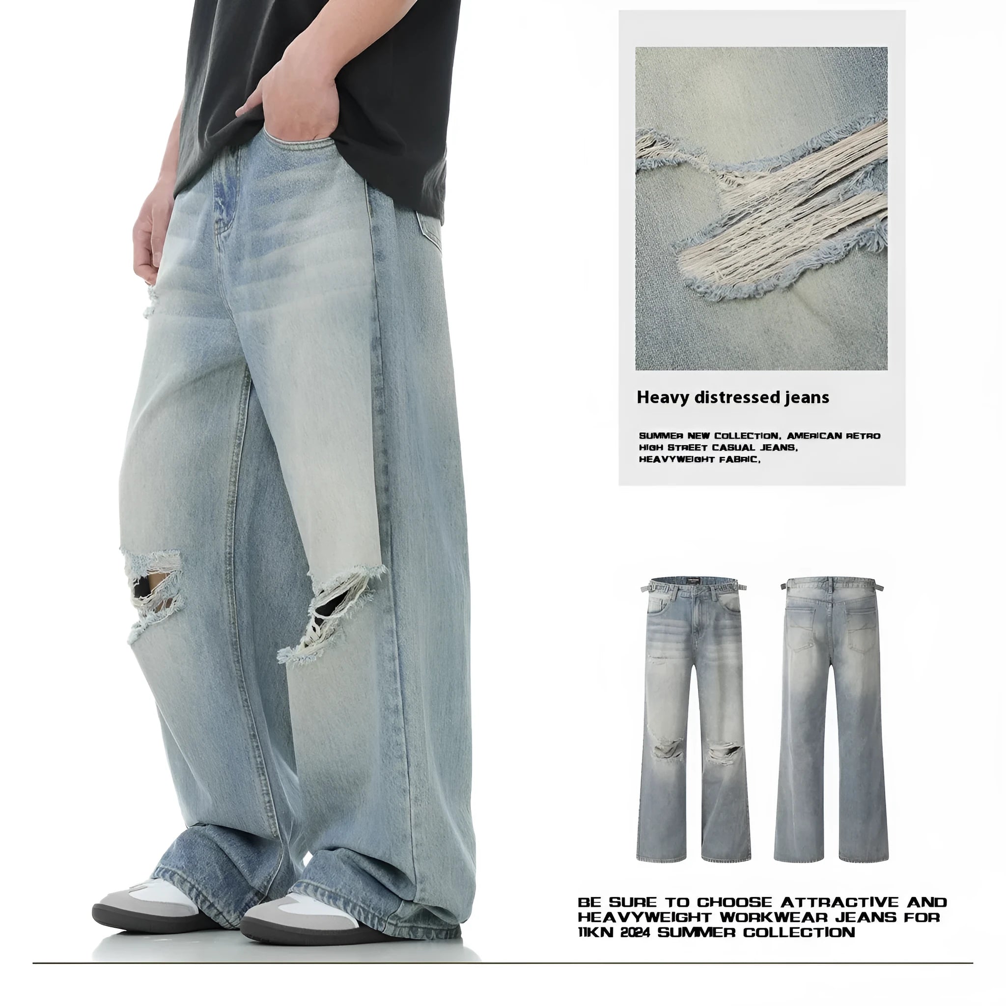 Man wearing blue straight-leg jeans with ripped detailing and an adjustable waistband.