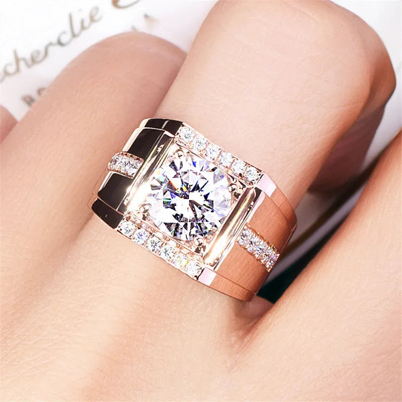 Geometric diamond zircon men's ring in rose gold on a hand, showing adjustable open mouth design.