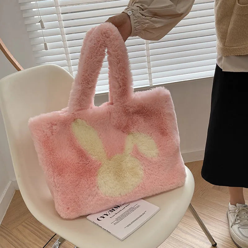 Plush cartoon rabbit ears shoulder bag in solid colour with large capacity design