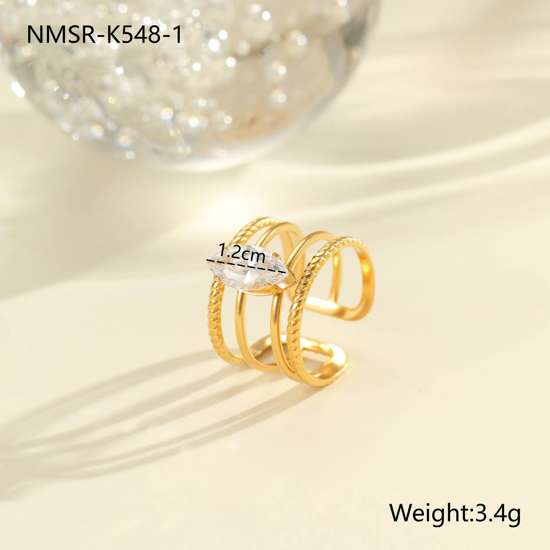 Open mouth geometric stainless steel ring with heart drop shape and gold inlaid zircon.
