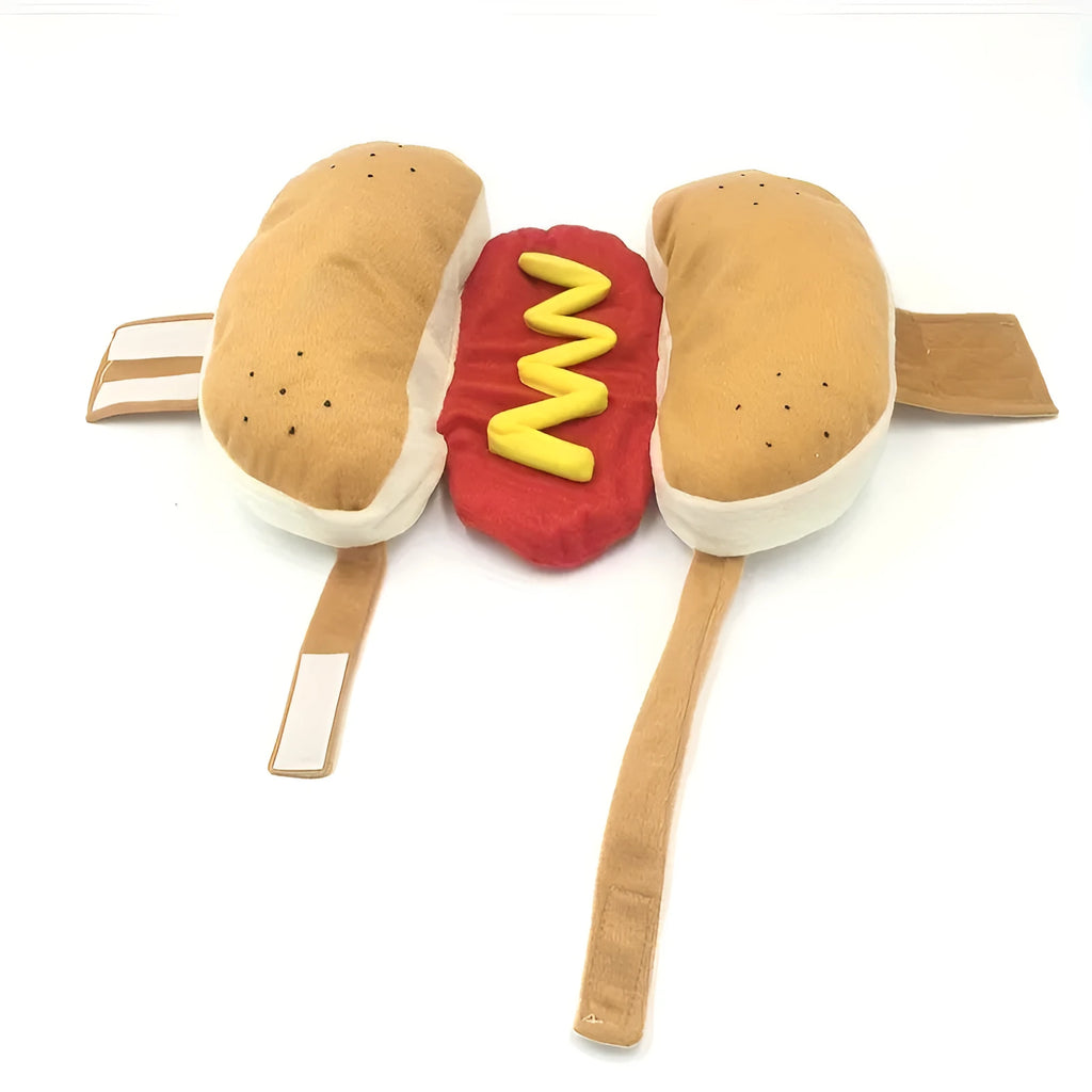 Brown and beige hot dog costume for a small dog, showing fleece material and Velcro closure.