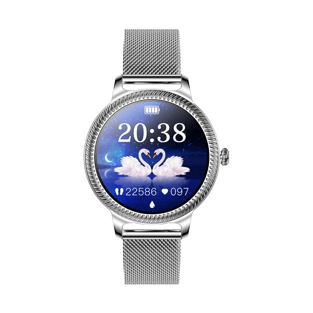 AK38 ladies smart watch with stainless steel band and 1.09-inch colour screen