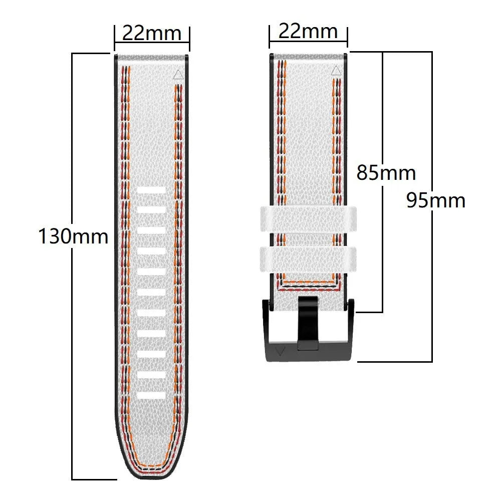 Silicone leather quick release watch strap for Garmin Fenix smartwatch in black, shown next to 22mm and 26mm size options.