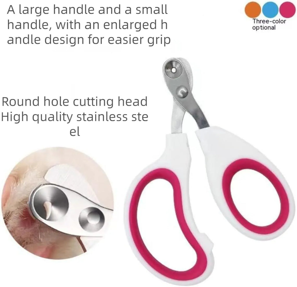 Blue pet nail clippers with circular cutting hole and cushioned non-slip handles on a white background.