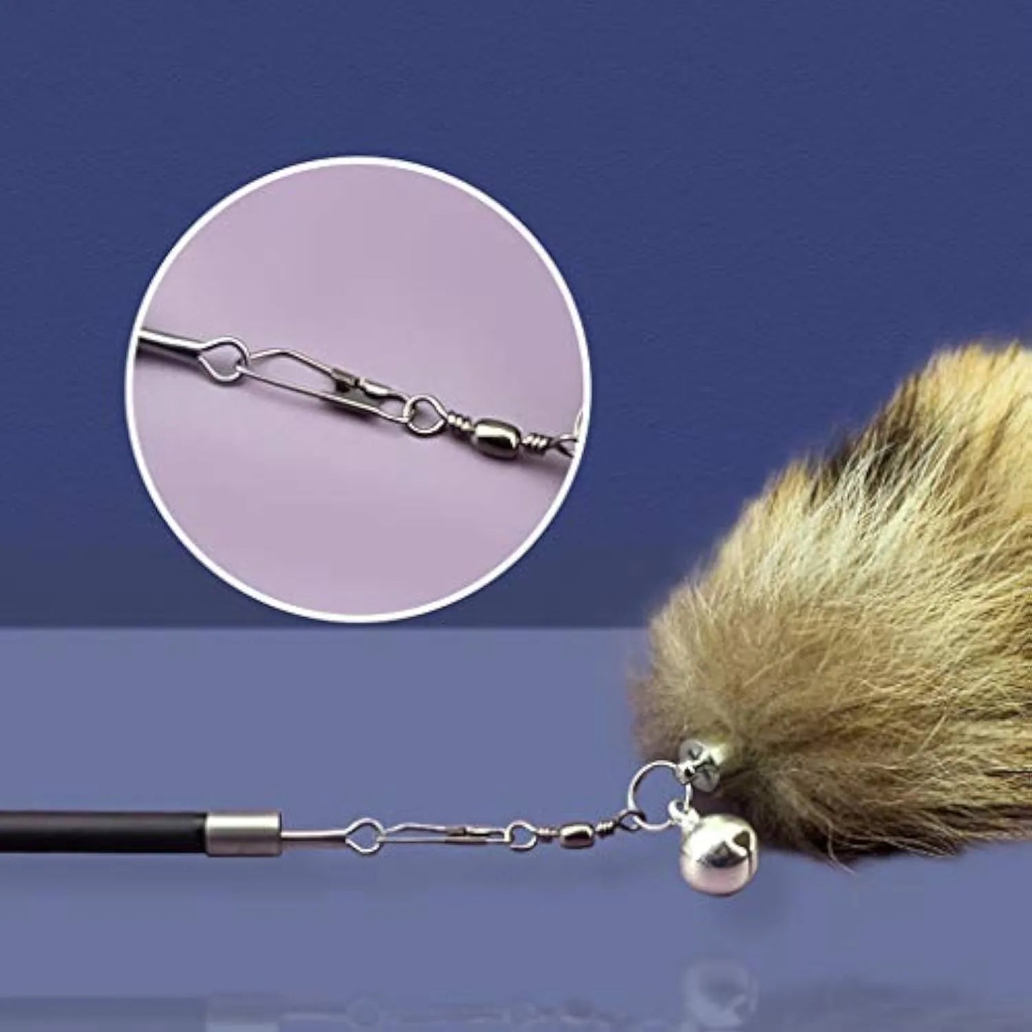 Black cat toy wand with 42cm handle, elastic string, and feather attachment for interactive play