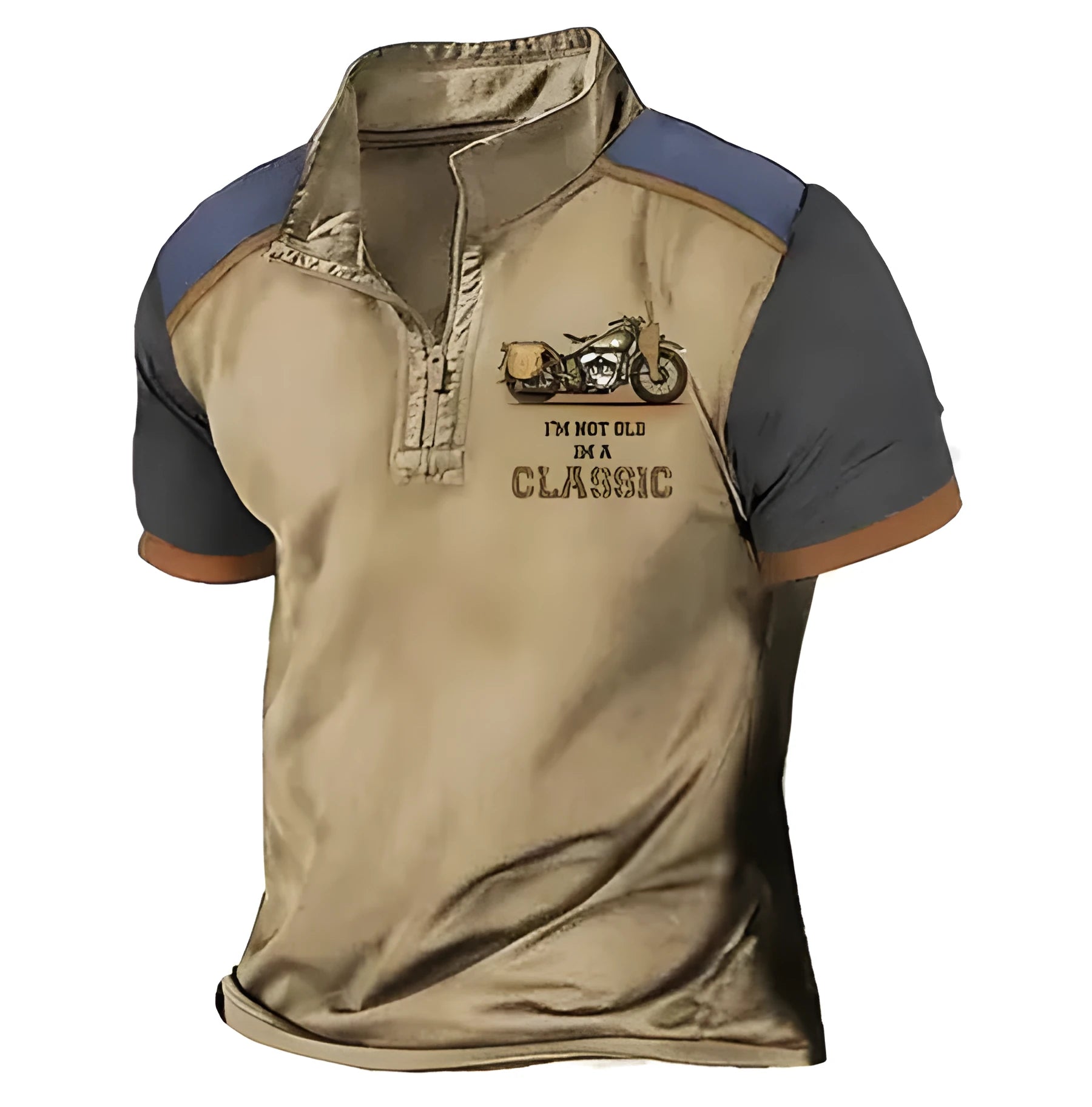 Golf polo shirt with 3D printed pattern on blue bird eye cloth fabric, shown in a loose fit.