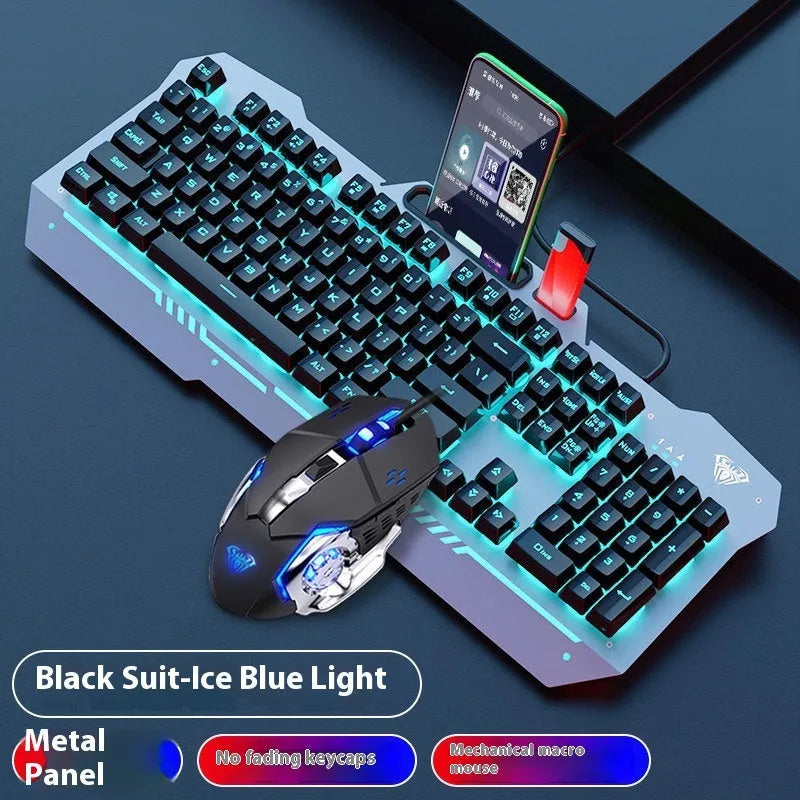 Black and white wired gaming keyboard, mouse, headset, and mouse pad bundle with LED backlighting.