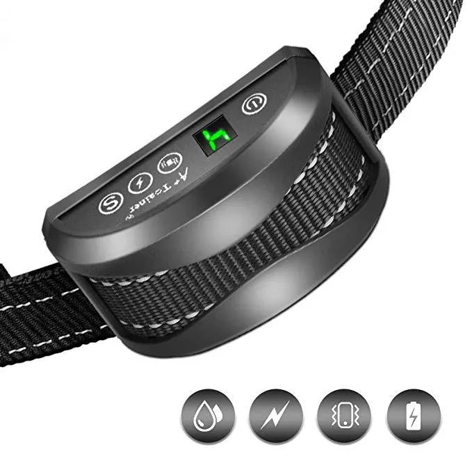 Digital anti-bark dog training collar with reflective strap on black, gold, and silver backgrounds.
