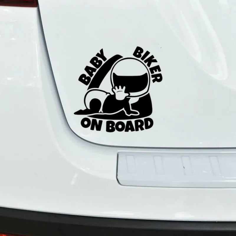 Reflective Baby on Board personality warning car sticker in black or white, sized 14.5cm by 15cm.