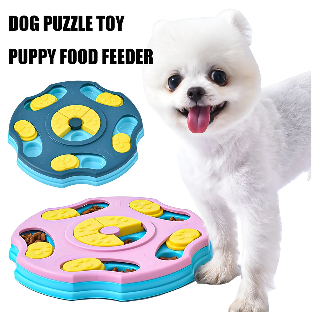 Blue and pink dog puzzle feeder toy with food compartments for interactive play and slow feeding