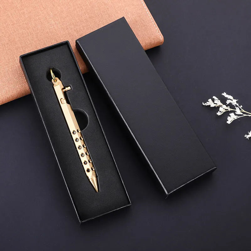 Brass hexagon bolt pen with six-angle design and 0.5mm tip, shown with brass natural and retro black ink options.