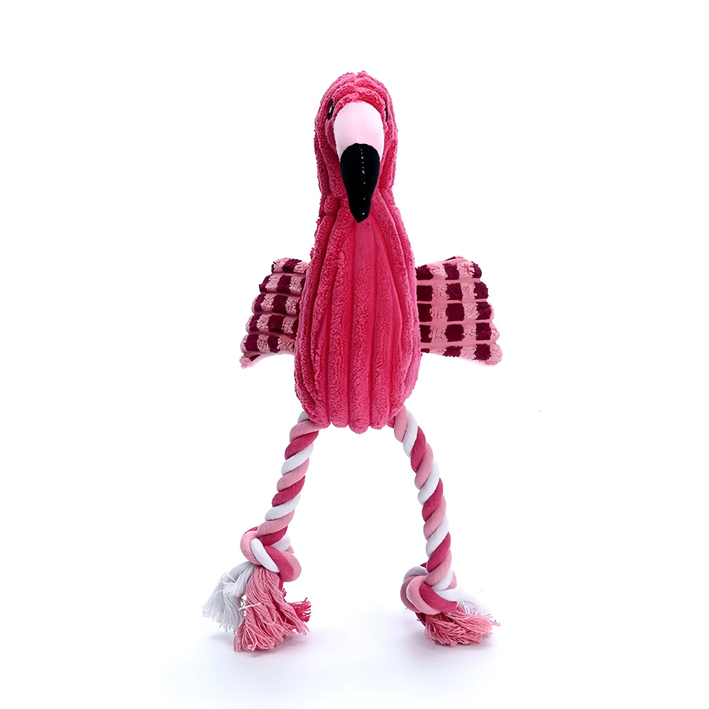 Pink corduroy hippo and parrot squeaky plush dog toys on a white background.
