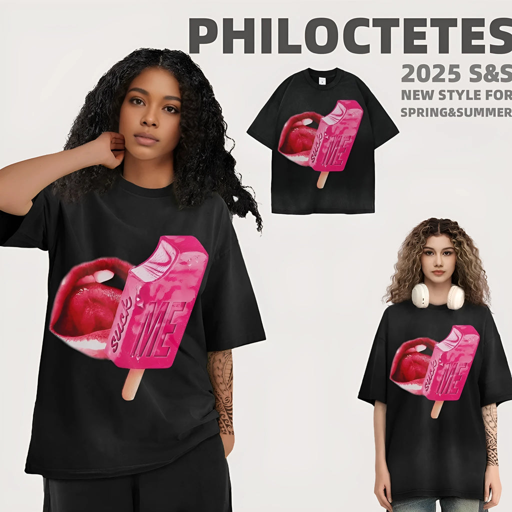 Loose fit heavy washed cotton t-shirt with a cartoon print on the front, shown in a selected colour.
