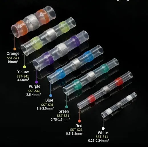 Heat shrink solder ring terminal connector in multiple colours for 32 amp wiring applications