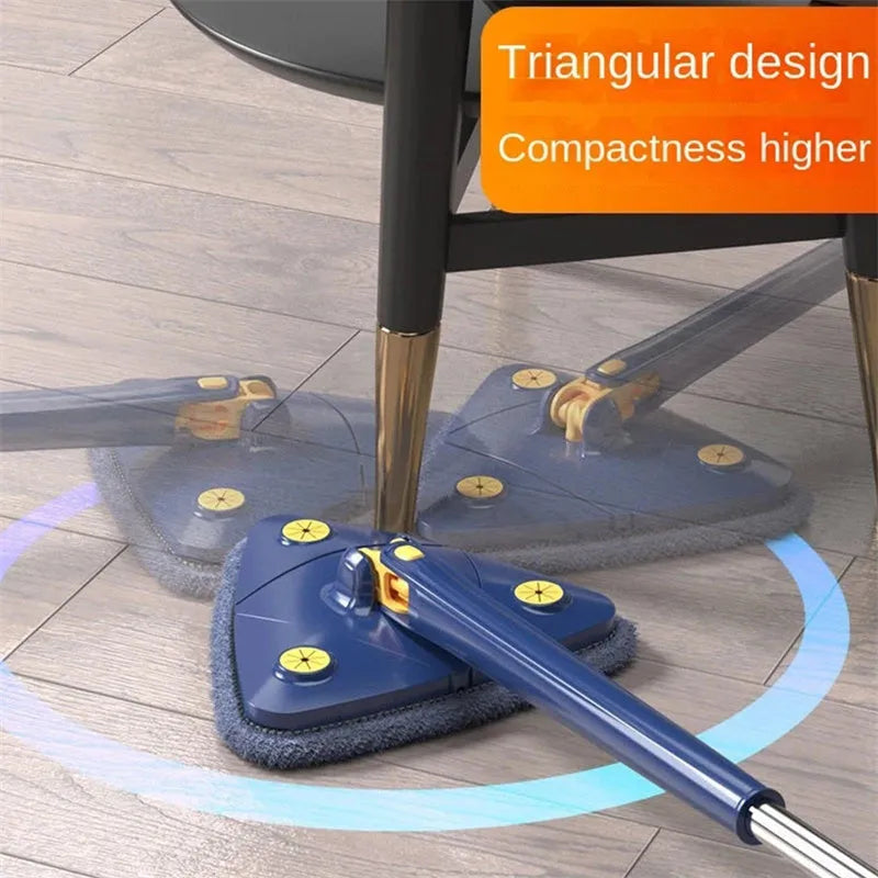 Blue triangle cleaning mop with extendable stainless steel pole and 360-degree rotating head
