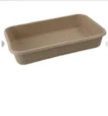 Brown biodegradable disposable cat litter box showing three size options.
