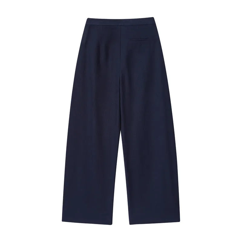 Women's two-piece set with off-neck flounced sleeve top and wide leg trousers in blended polyester fabric