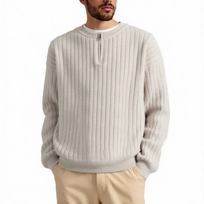 Men's grey half zip sweater with textured knit and loose fit design
