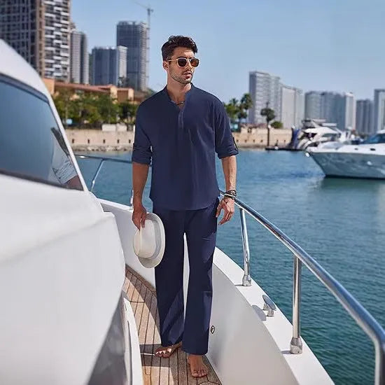 Men's casual cotton trousers suit set in solid colour with long sleeve top