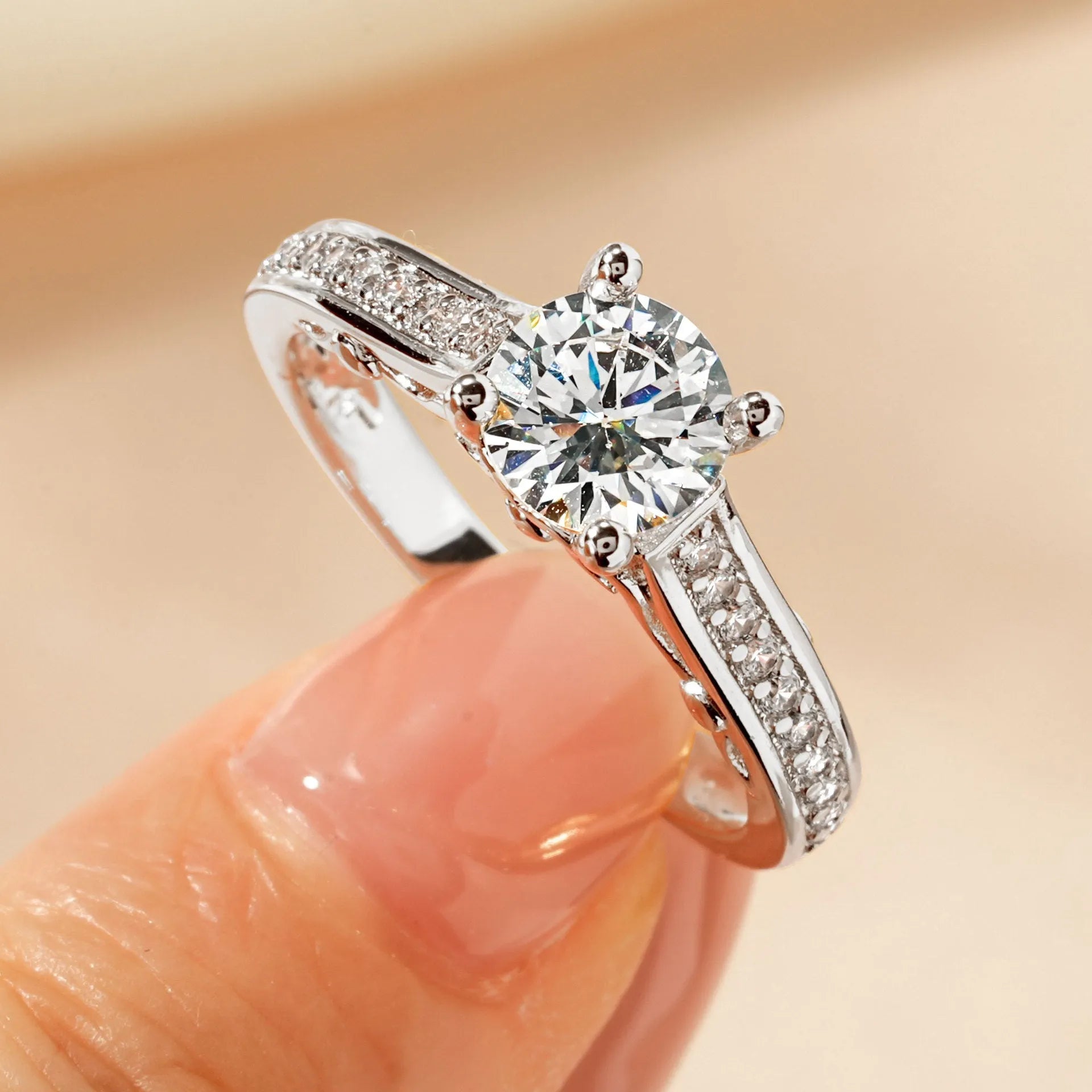 Women's geometric copper zircon ring in white or yellow, showing heart, split-arm, and star style options.