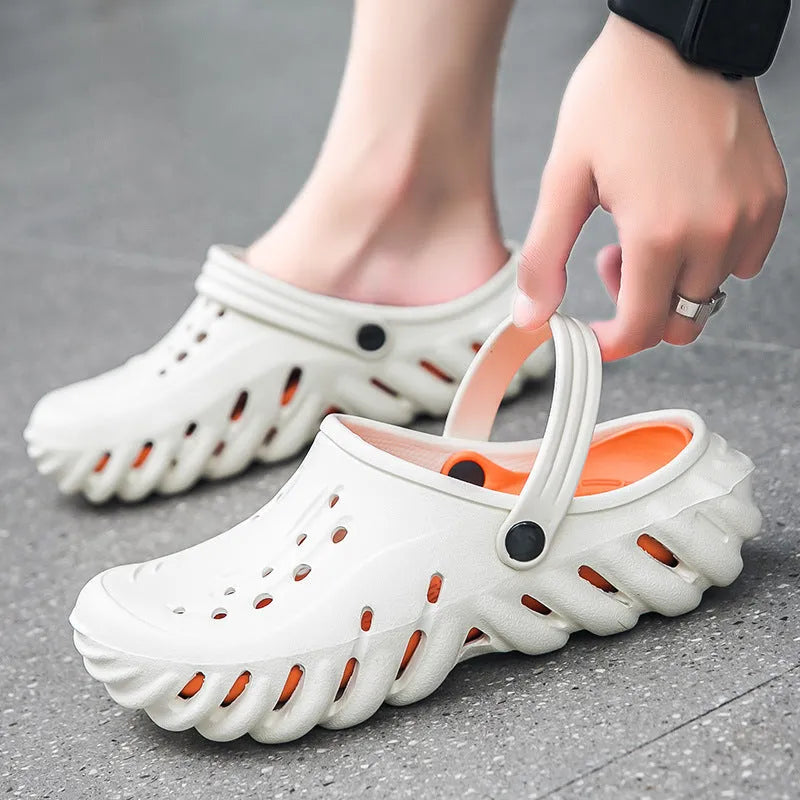 Men's beige hollow out design EVA slippers sandals with round toe and non-slip sole