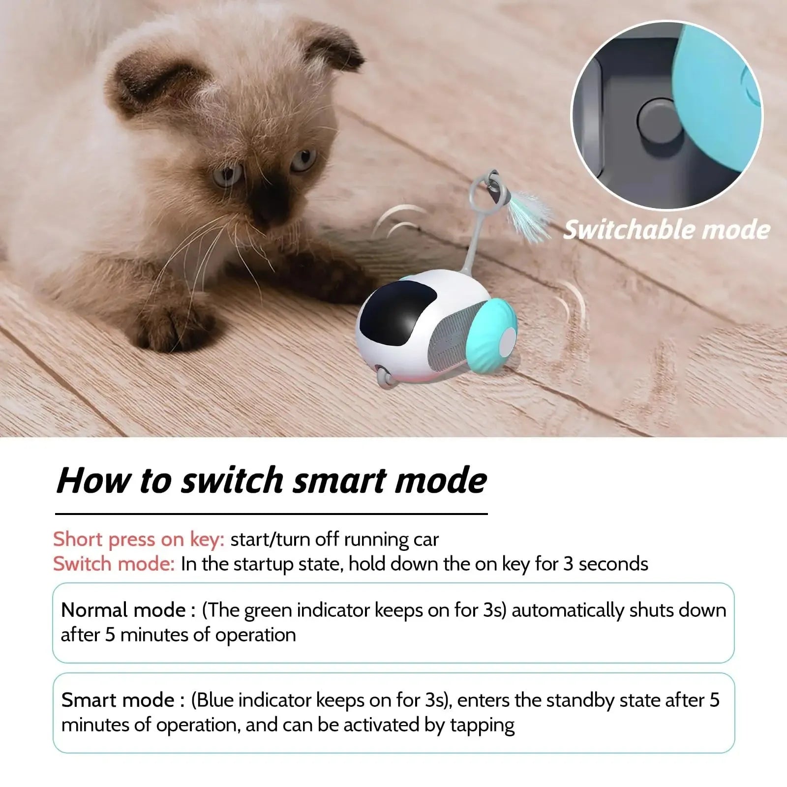 Smart electronic cat toy car with feather attachment and remote control on blue background
