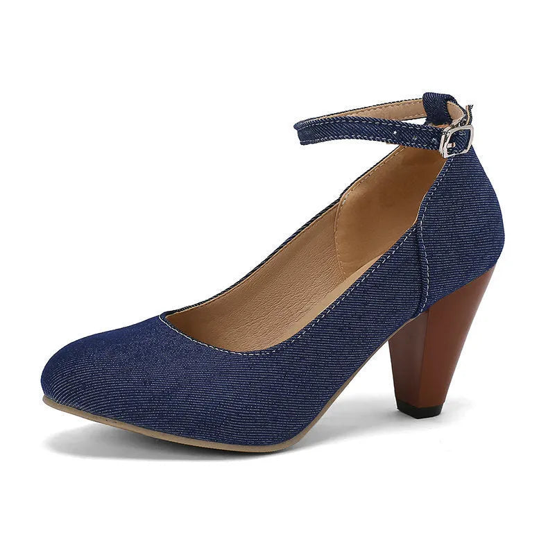 Blue denim women's platform heels with buckle closure and waterproof construction