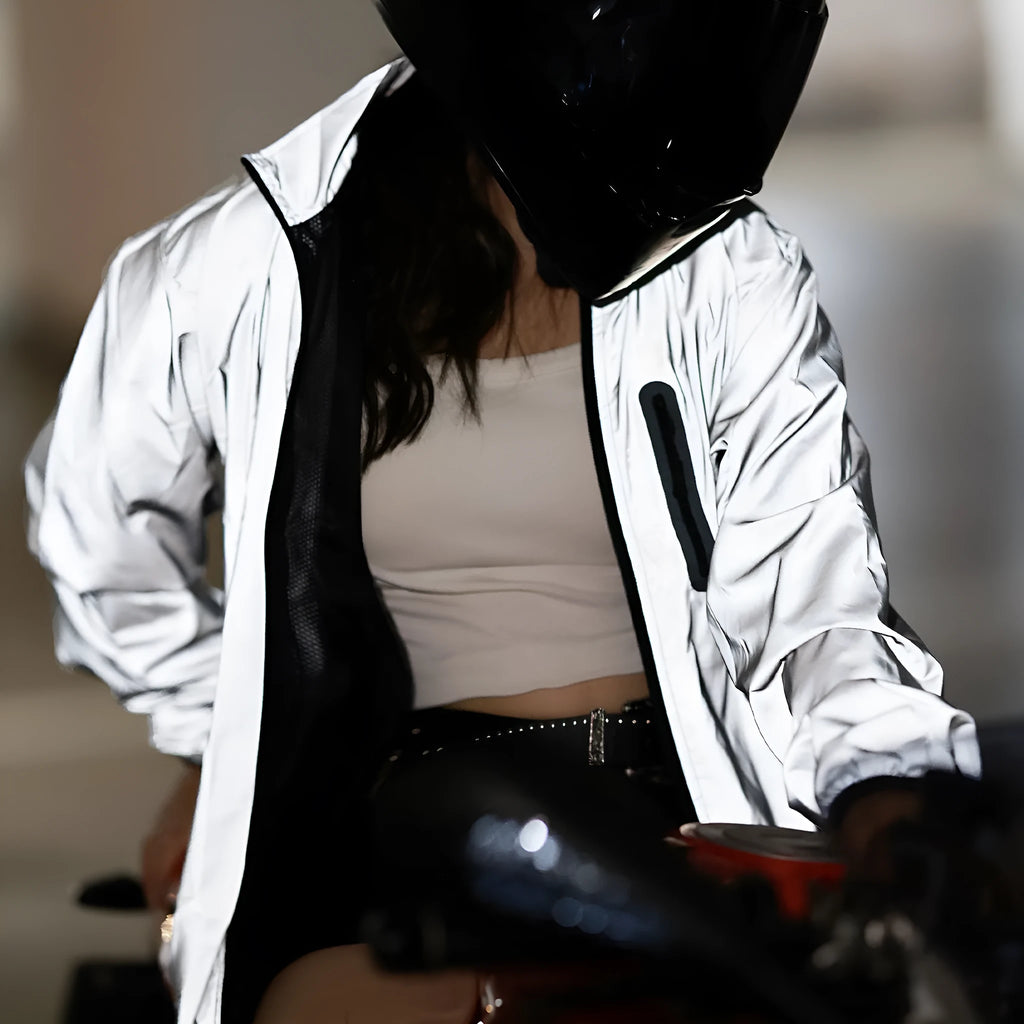Silver waterproof polyester long sleeved top with windproof function on mannequin