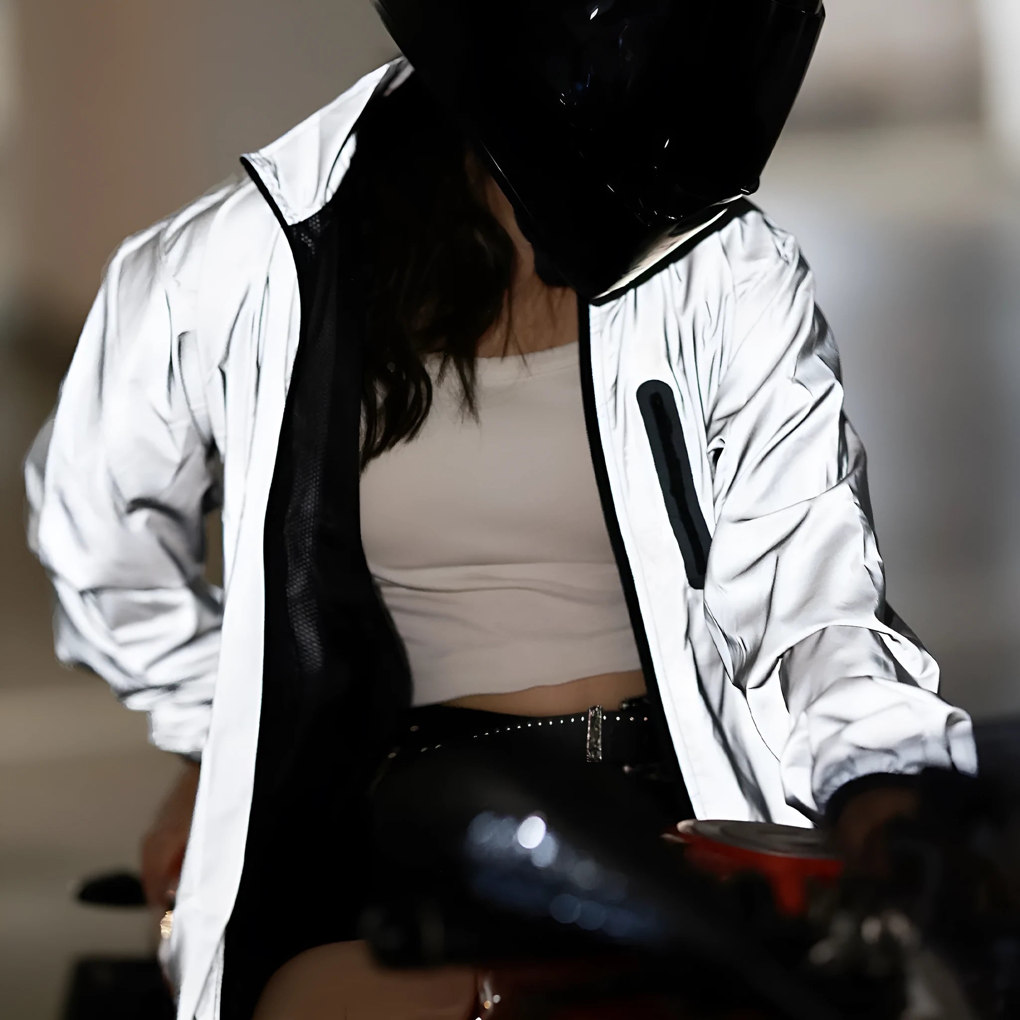 Silver waterproof polyester long sleeved top with windproof function on mannequin