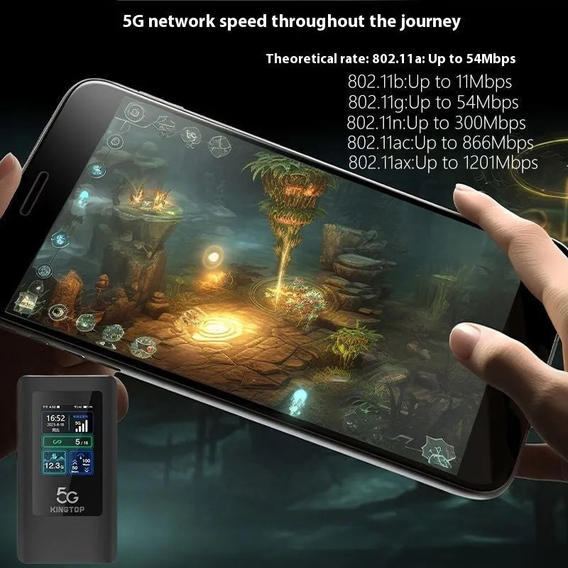 Black portable 5G Wi-Fi router with LCD display, showing dimensions of 125x70x17mm.