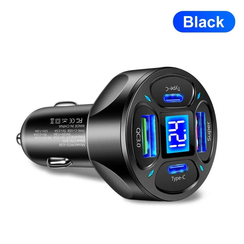 Black car charger with digital display showing charging voltage and current readings
