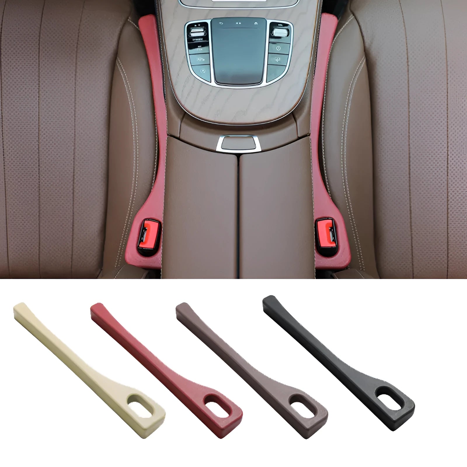 A pair of flexible polyurethane car seat gap filler rods shown in available colours: black, brown, red, beige, and green.